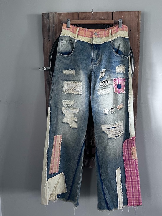Denim - Distressed Patchwork Women's Jeans in Denim Blue with Pink Accents